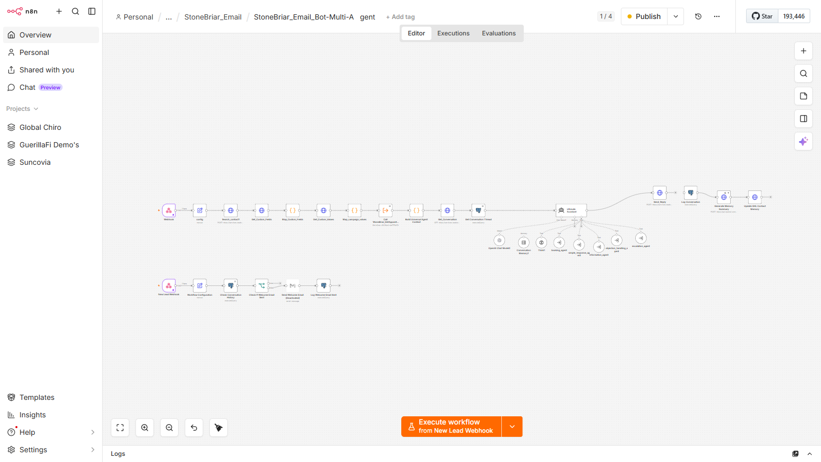 StoneBriar_Email_Bot-Multi-Agent n8n canvas